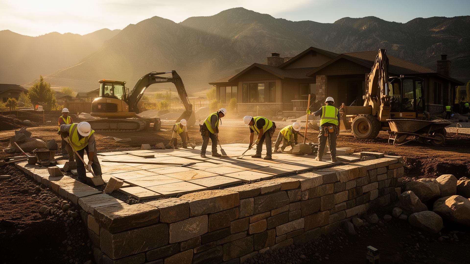 A&E Hardscape construction crew building a Utah patio at golden hour
